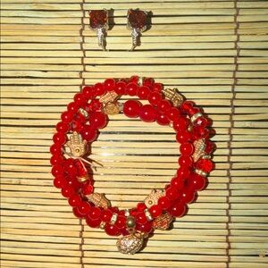 Vibrant Red Beaded Bracelet with Earrings